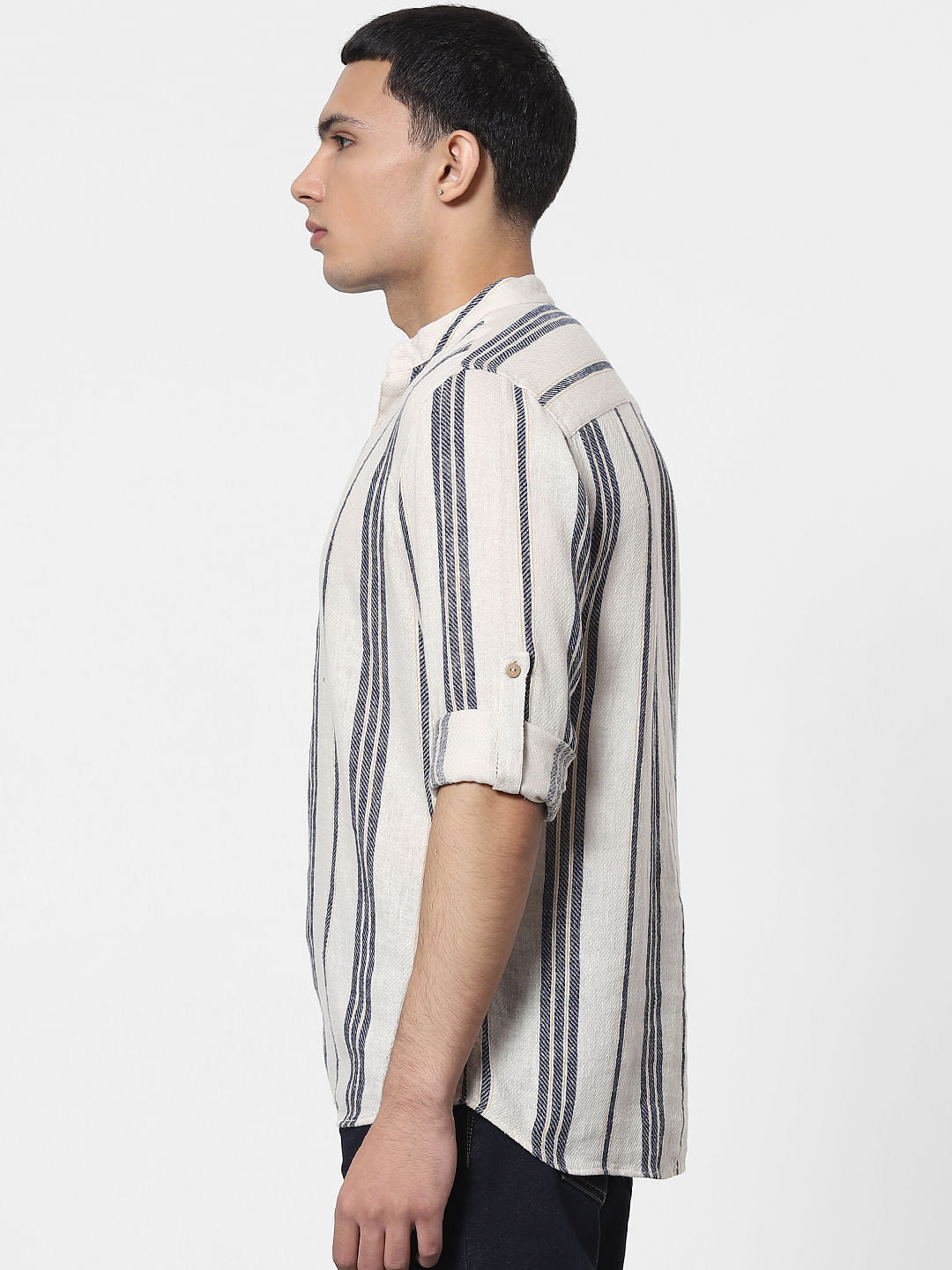 Beige Striped Full Sleeves Linen Shirt