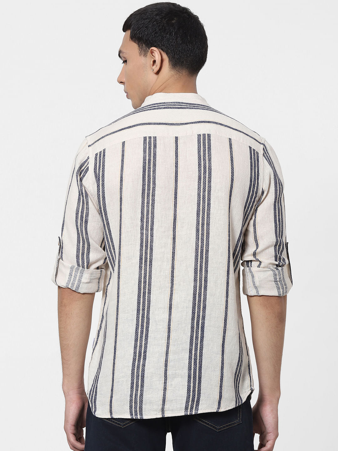 Beige Striped Full Sleeves Linen Shirt