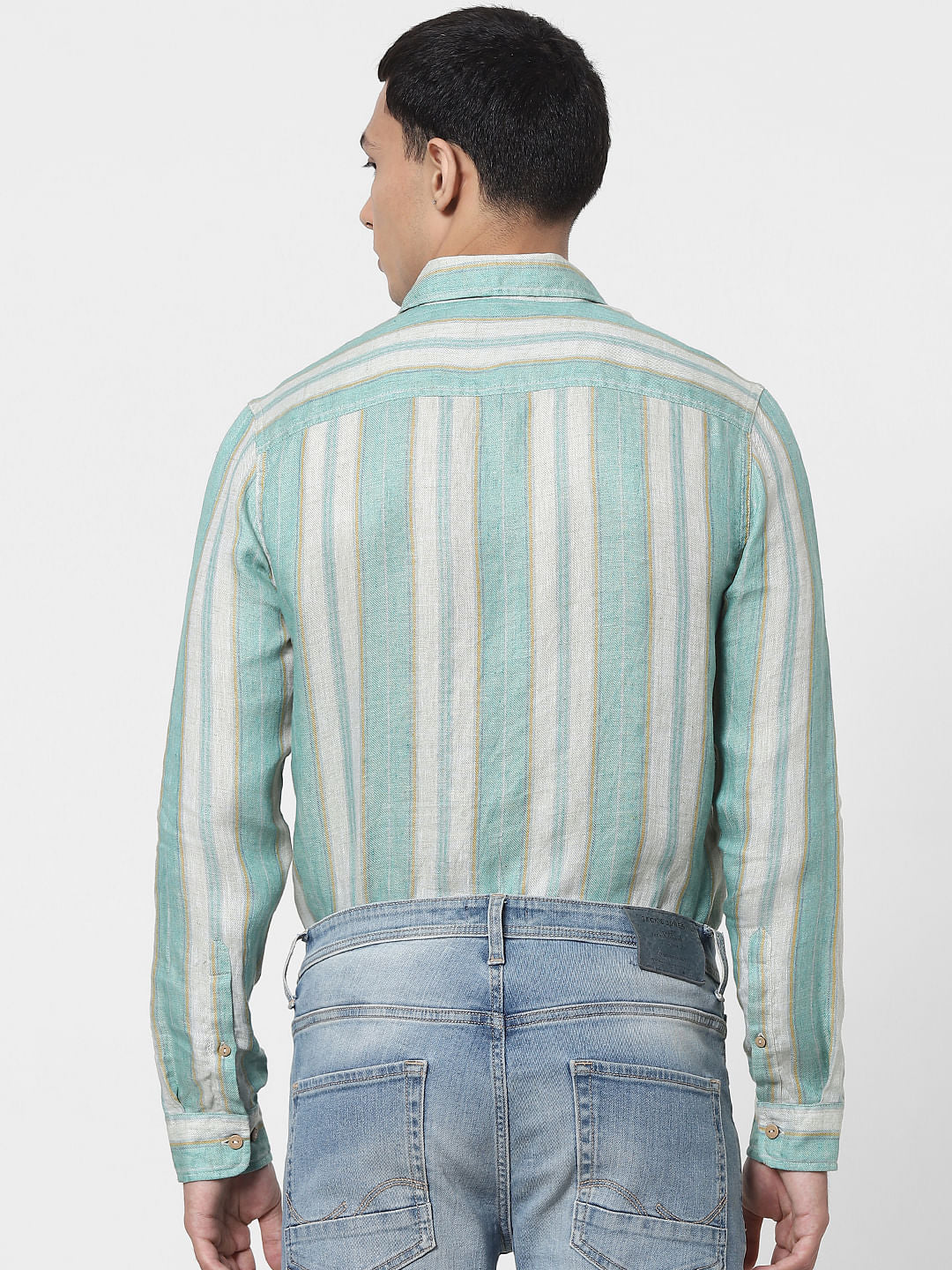 Green Striped Full Sleeves Linen Shirt