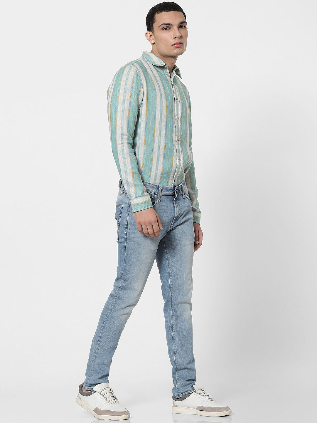 Green Striped Full Sleeves Linen Shirt