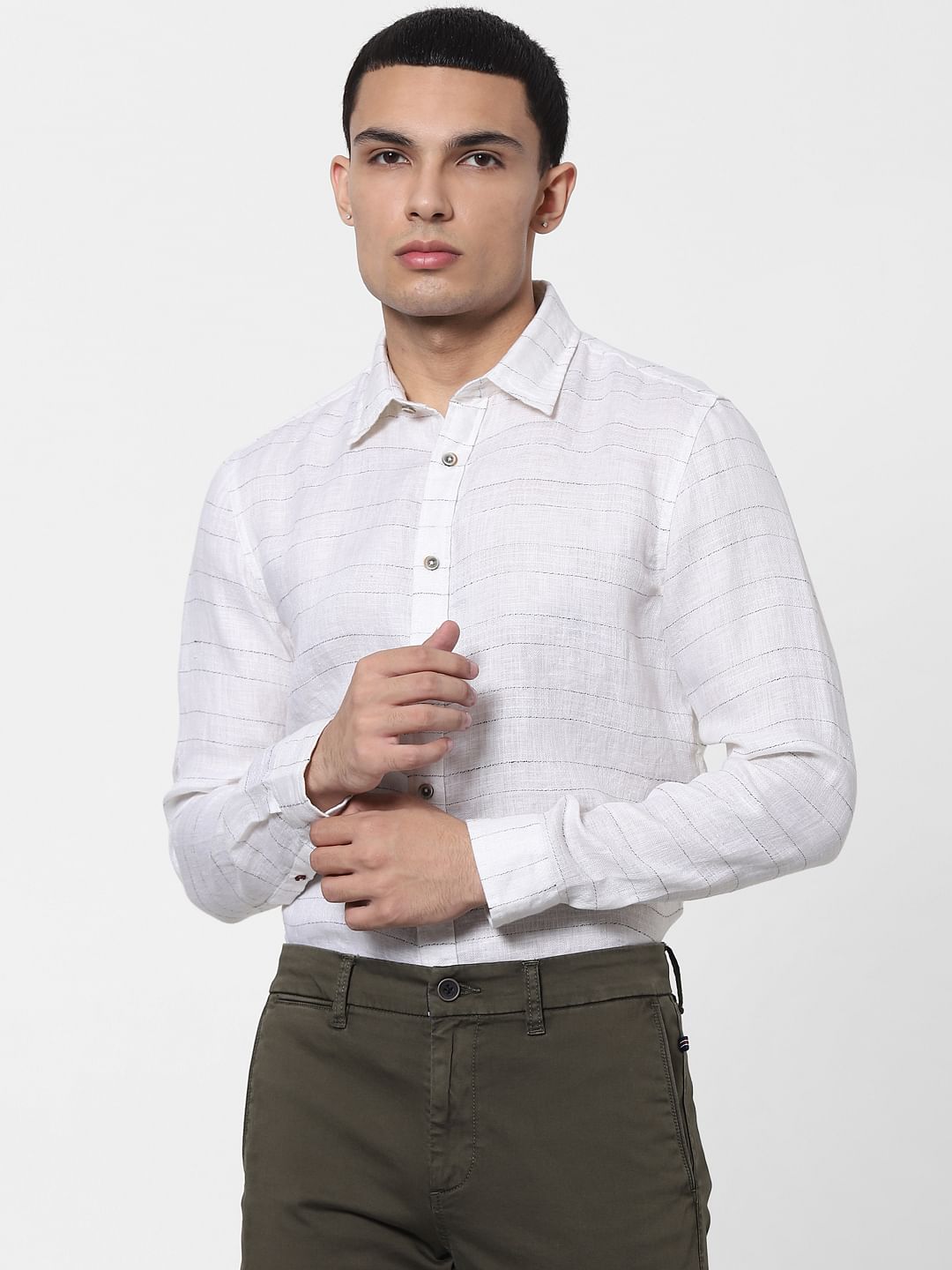 White Striped Full Sleeves Linen Shirt
