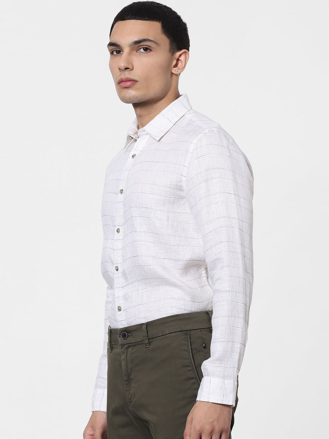 White Striped Full Sleeves Linen Shirt