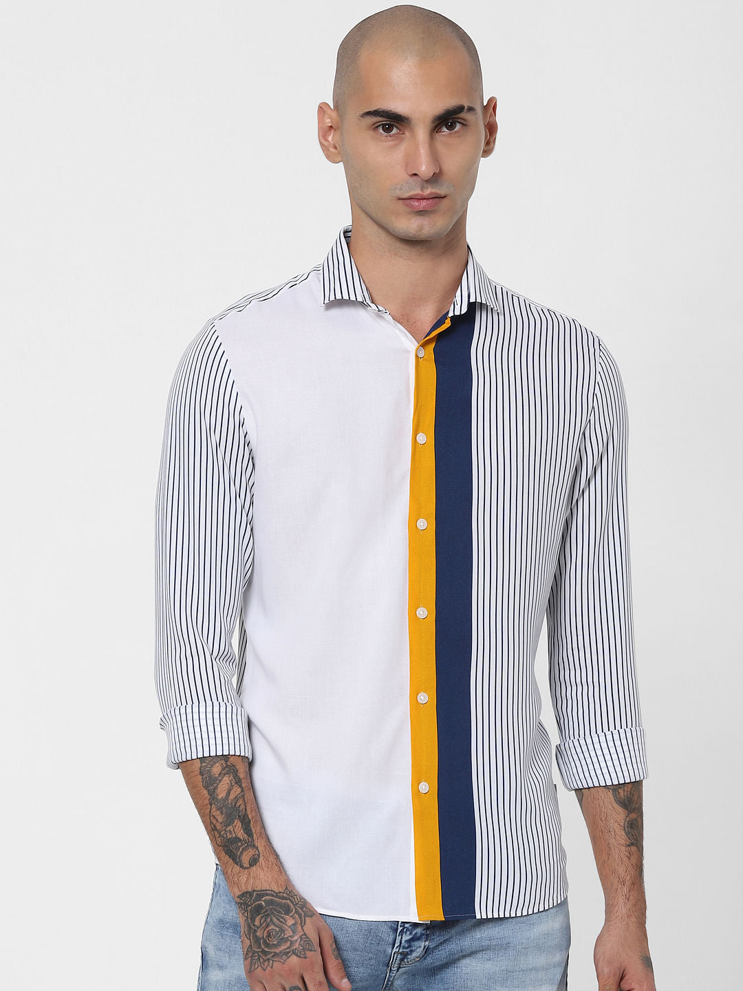 White Colourblock Striped Full Sleeves Shirt