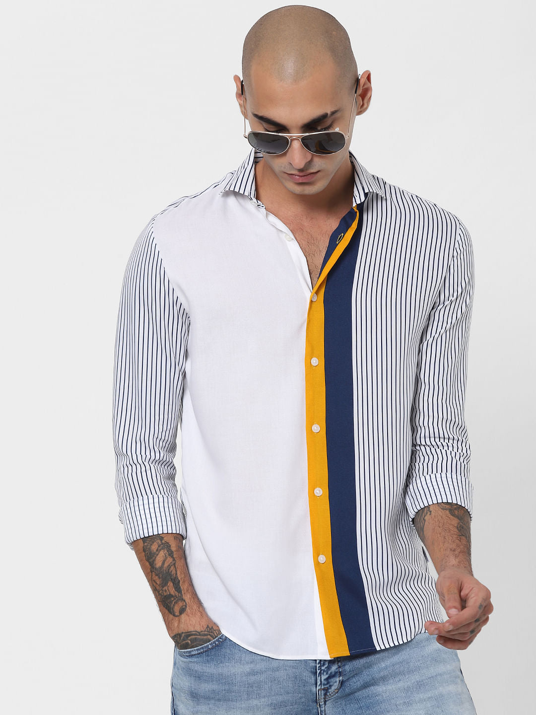 White Colourblock Striped Full Sleeves Shirt