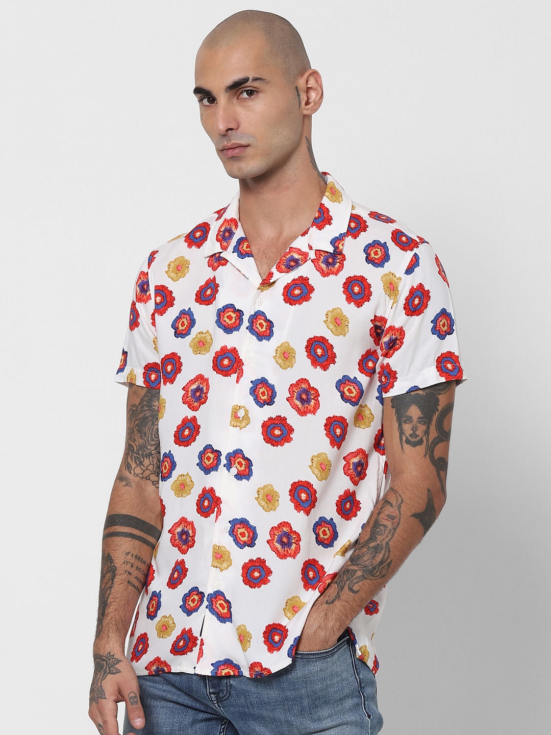 White Floral Half Sleeves Shirt