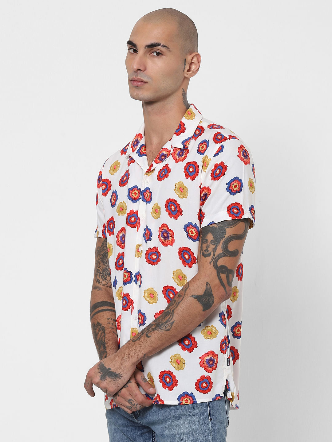White Floral Half Sleeves Shirt