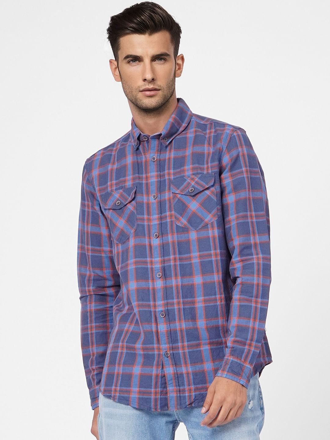 Blue Check Linen Blend Shirt