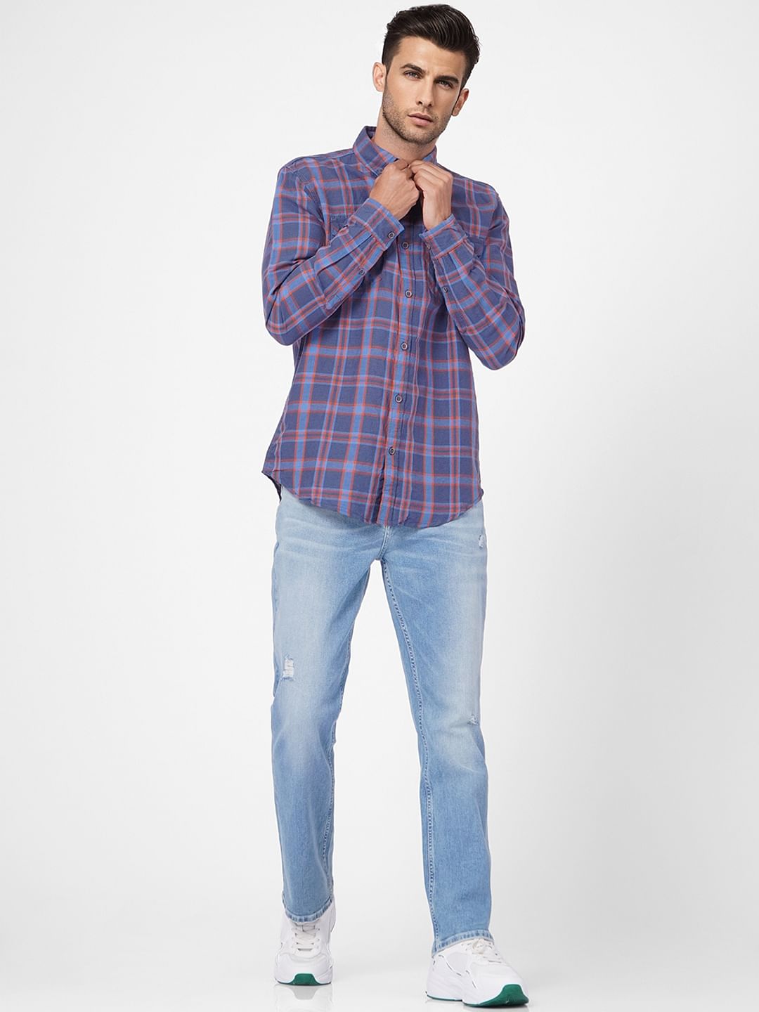 Blue Check Linen Blend Shirt
