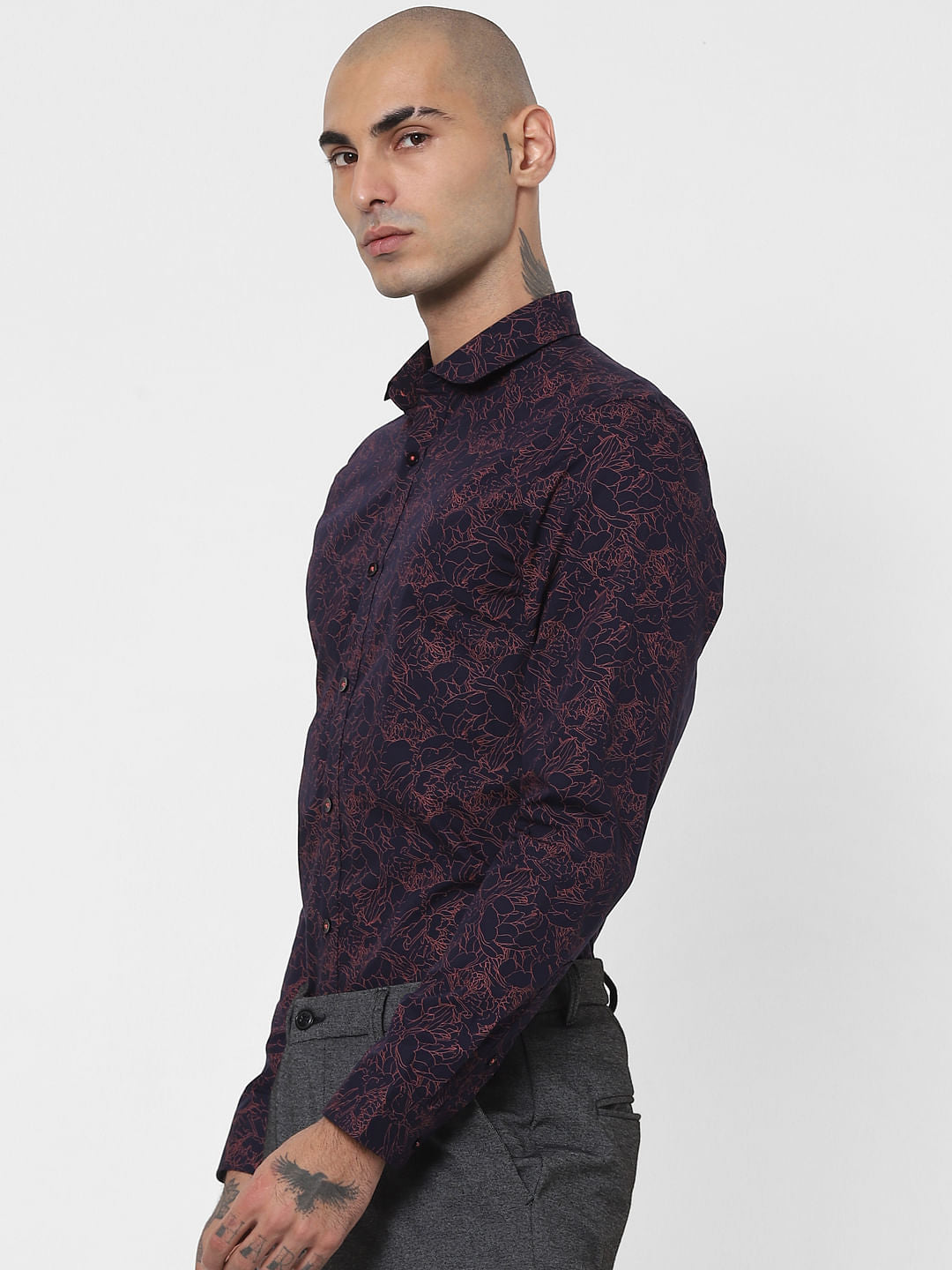 Navy Blue Floral Full Sleeves Shirt
