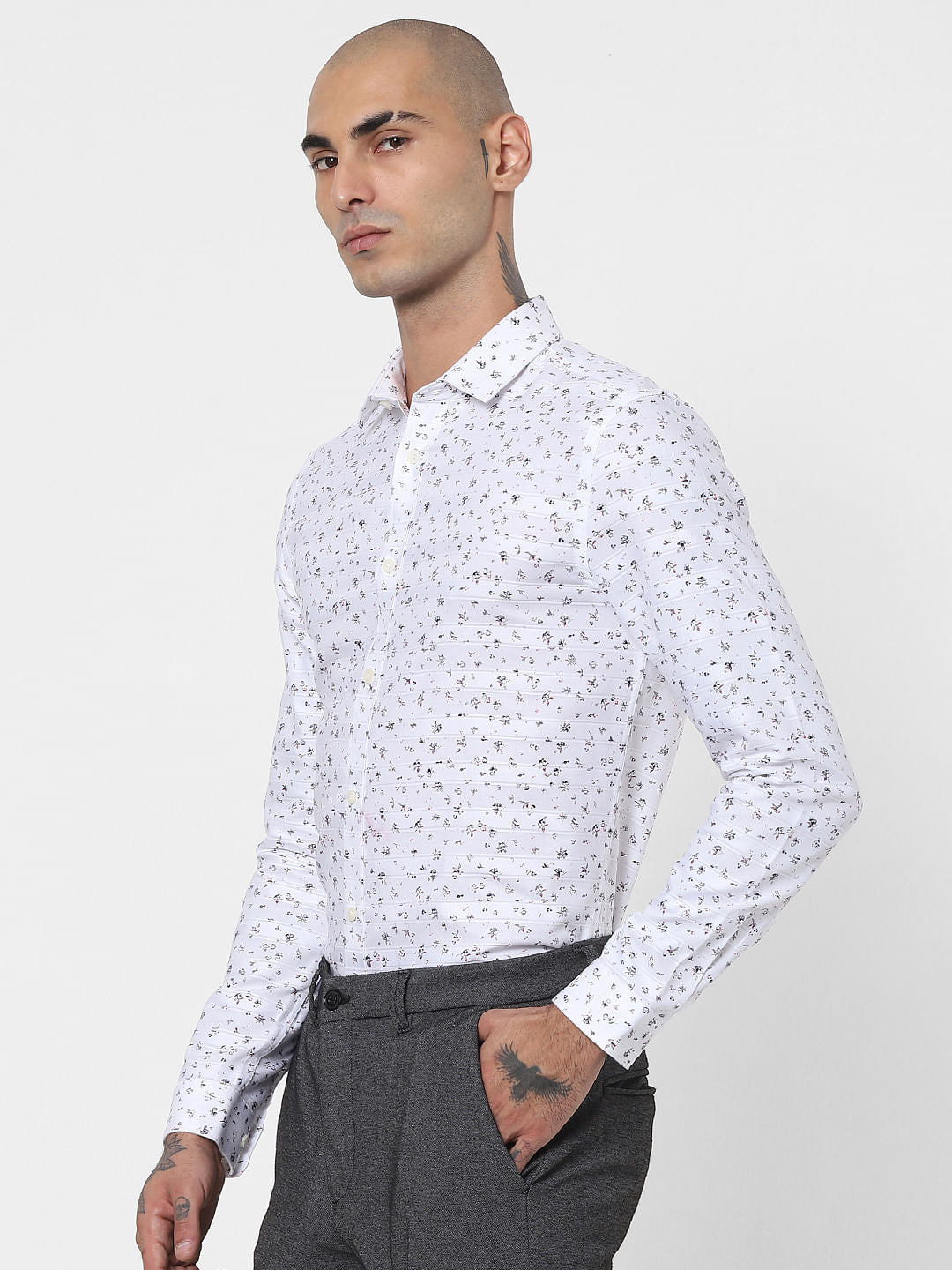 White Floral Full Sleeves Shirt
