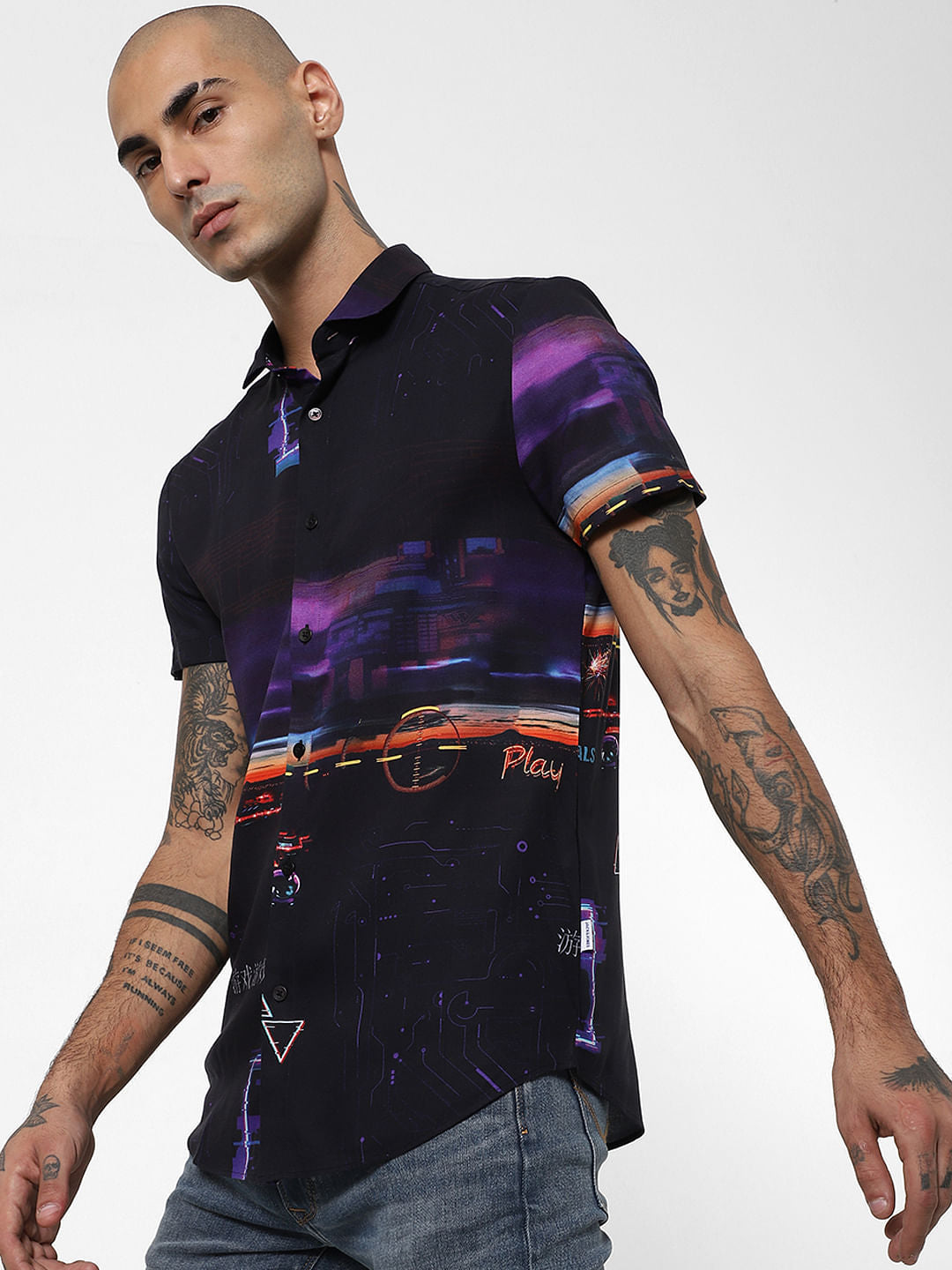 Black Abstract Print Half Sleeves Shirt