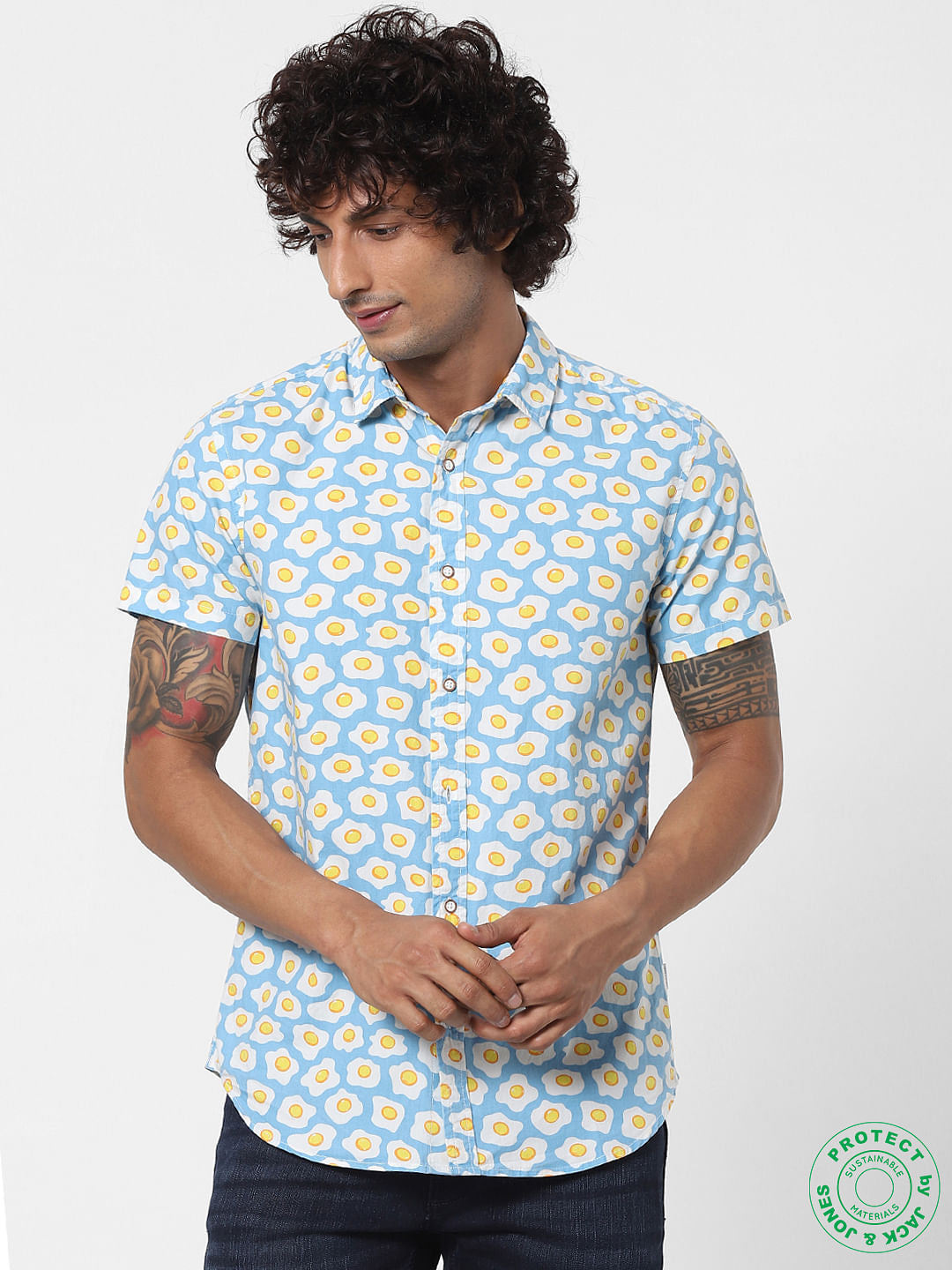 Blue Fried Egg Print Half Sleeves Shirt