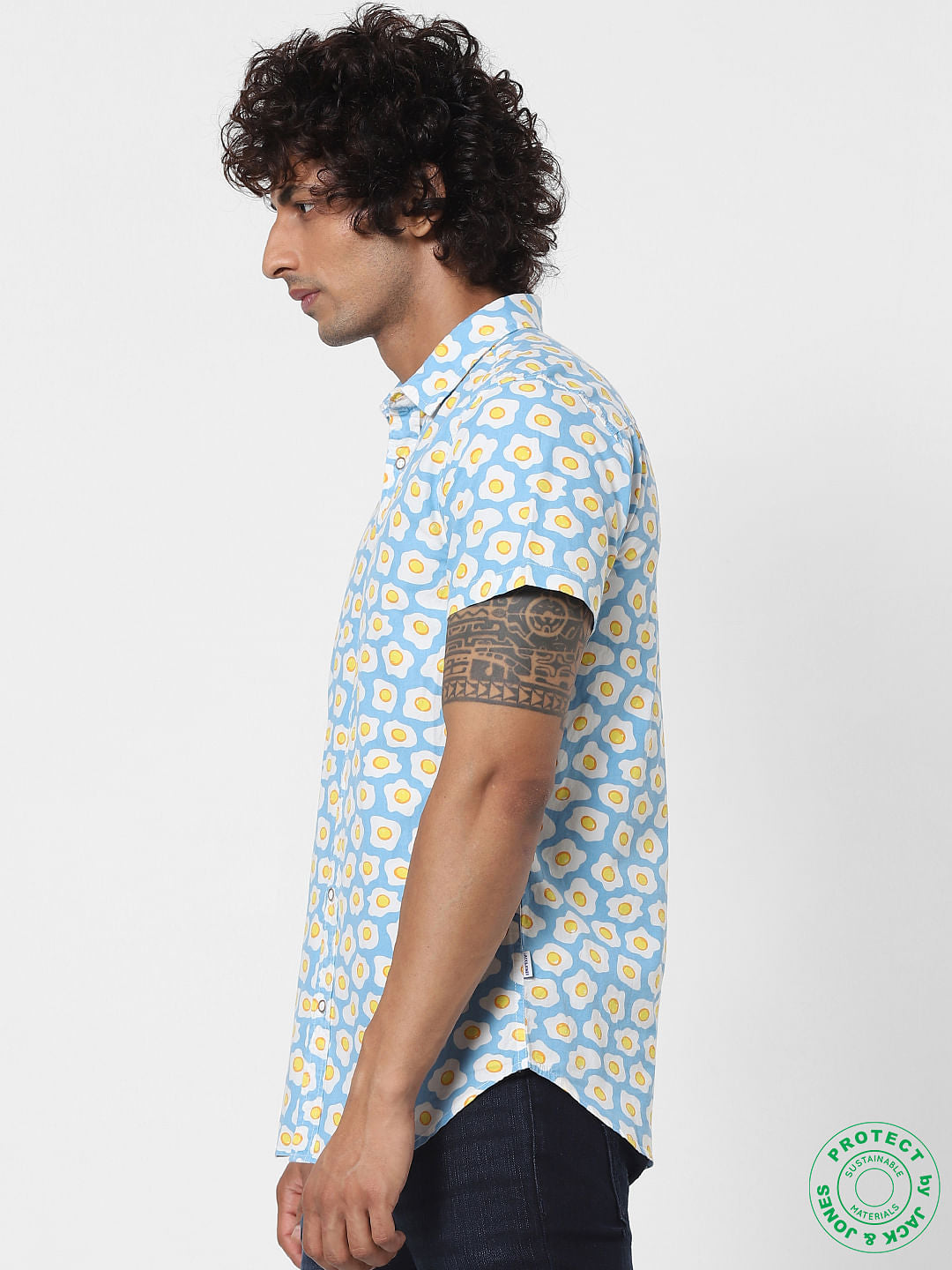 Blue Fried Egg Print Half Sleeves Shirt