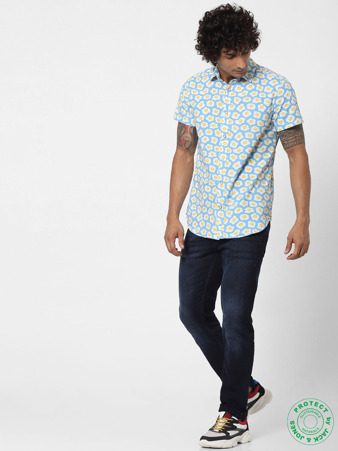 Blue Fried Egg Print Half Sleeves Shirt