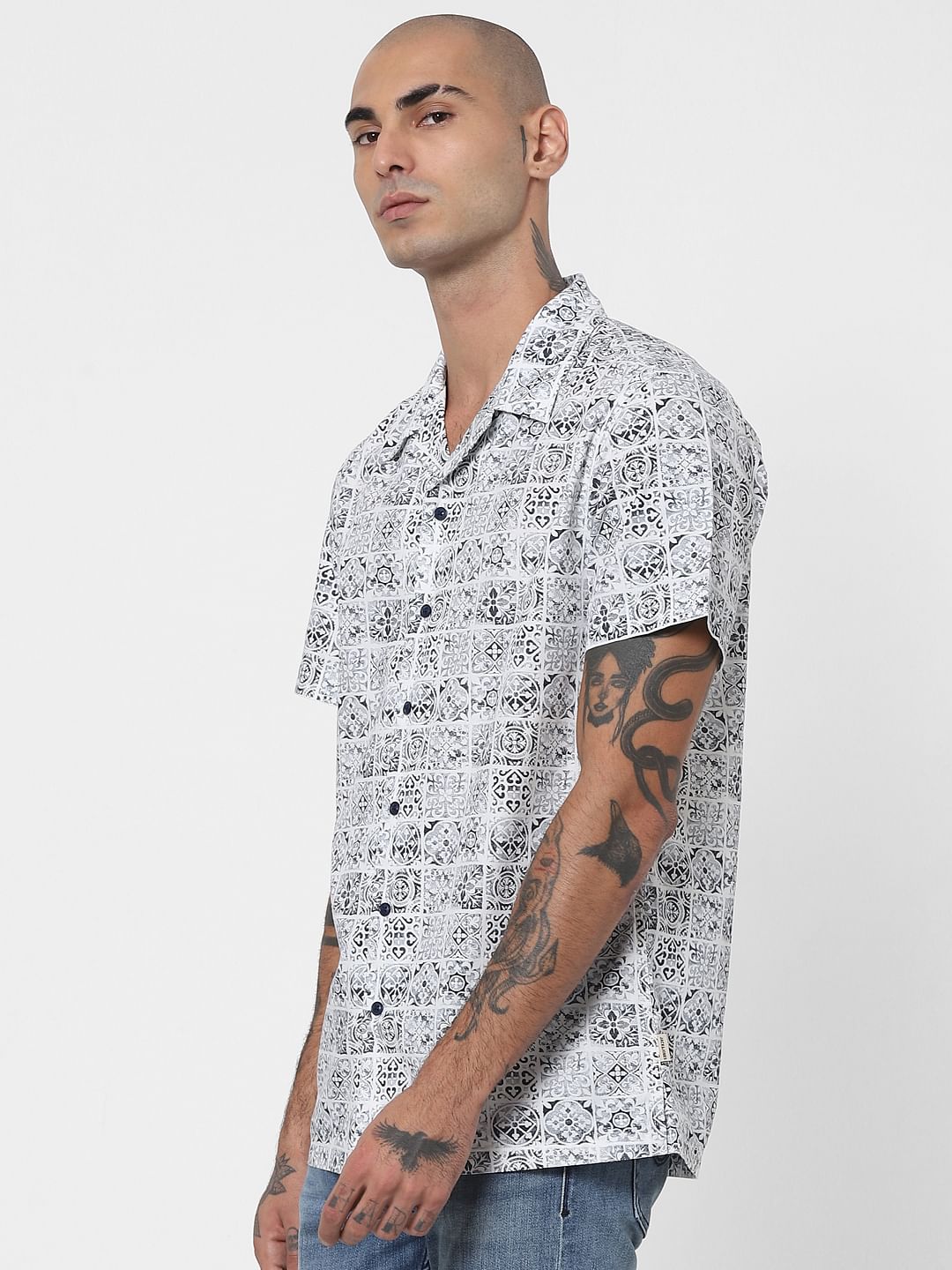 White All Over Print Half Sleeves Shirt