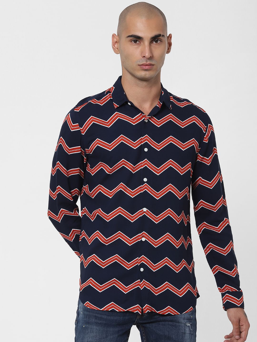 Blue Chevron Print Full Sleeves Shirt