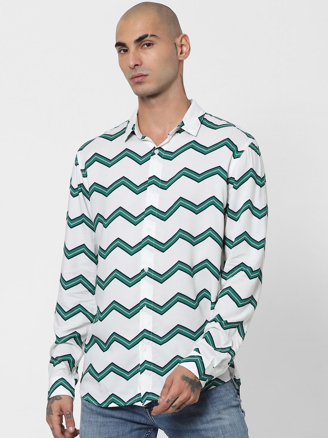 White Chevron Print Full Sleeves Shirt