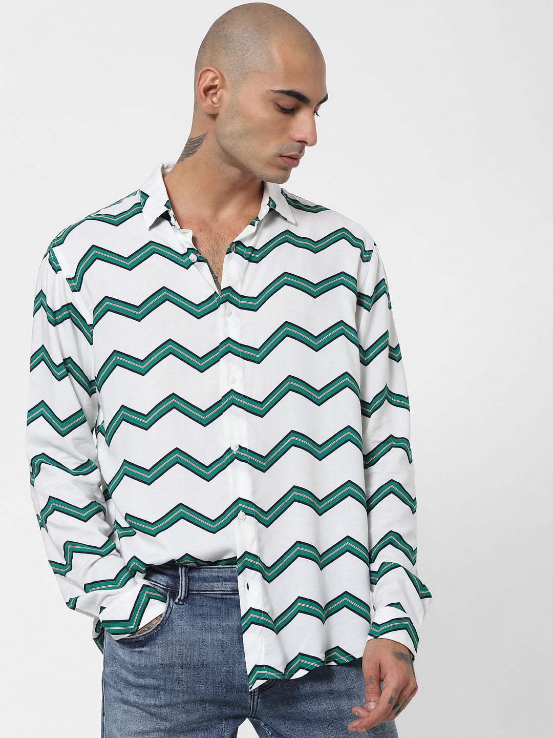 White Chevron Print Full Sleeves Shirt