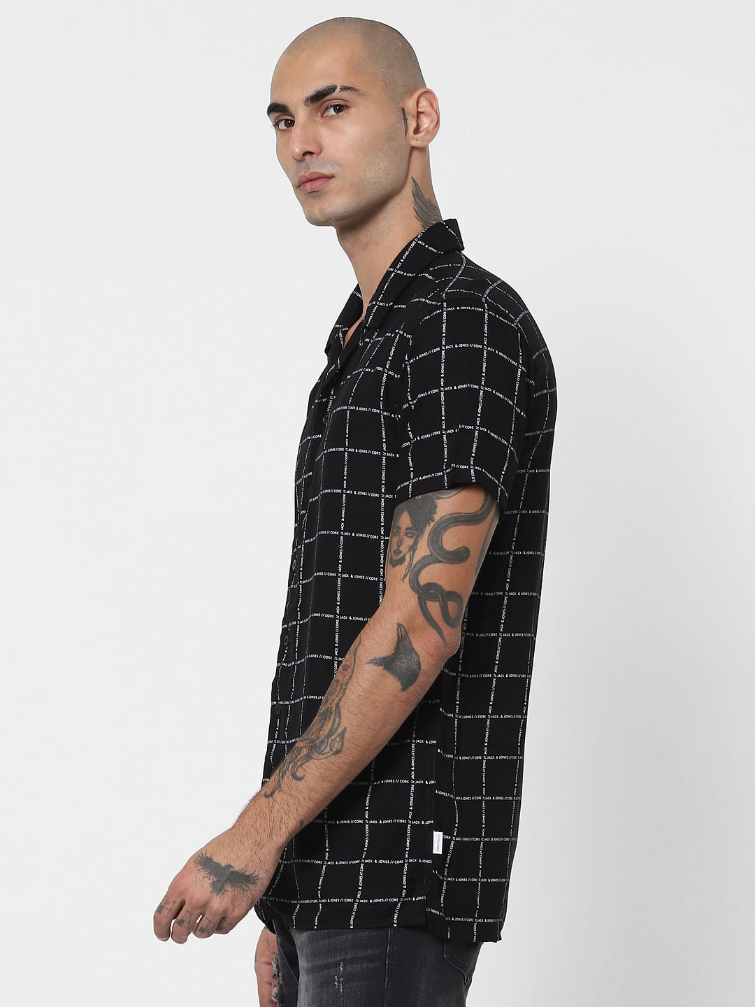 Black Logo Grid Print Half Sleeves Shirt