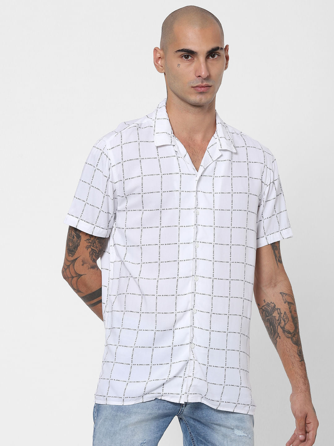 White Logo Grid Print Half Sleeves Shirt