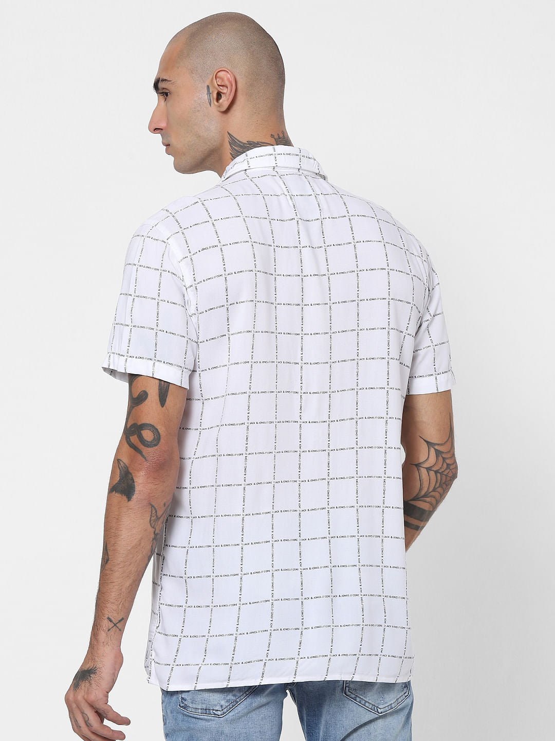 White Logo Grid Print Half Sleeves Shirt