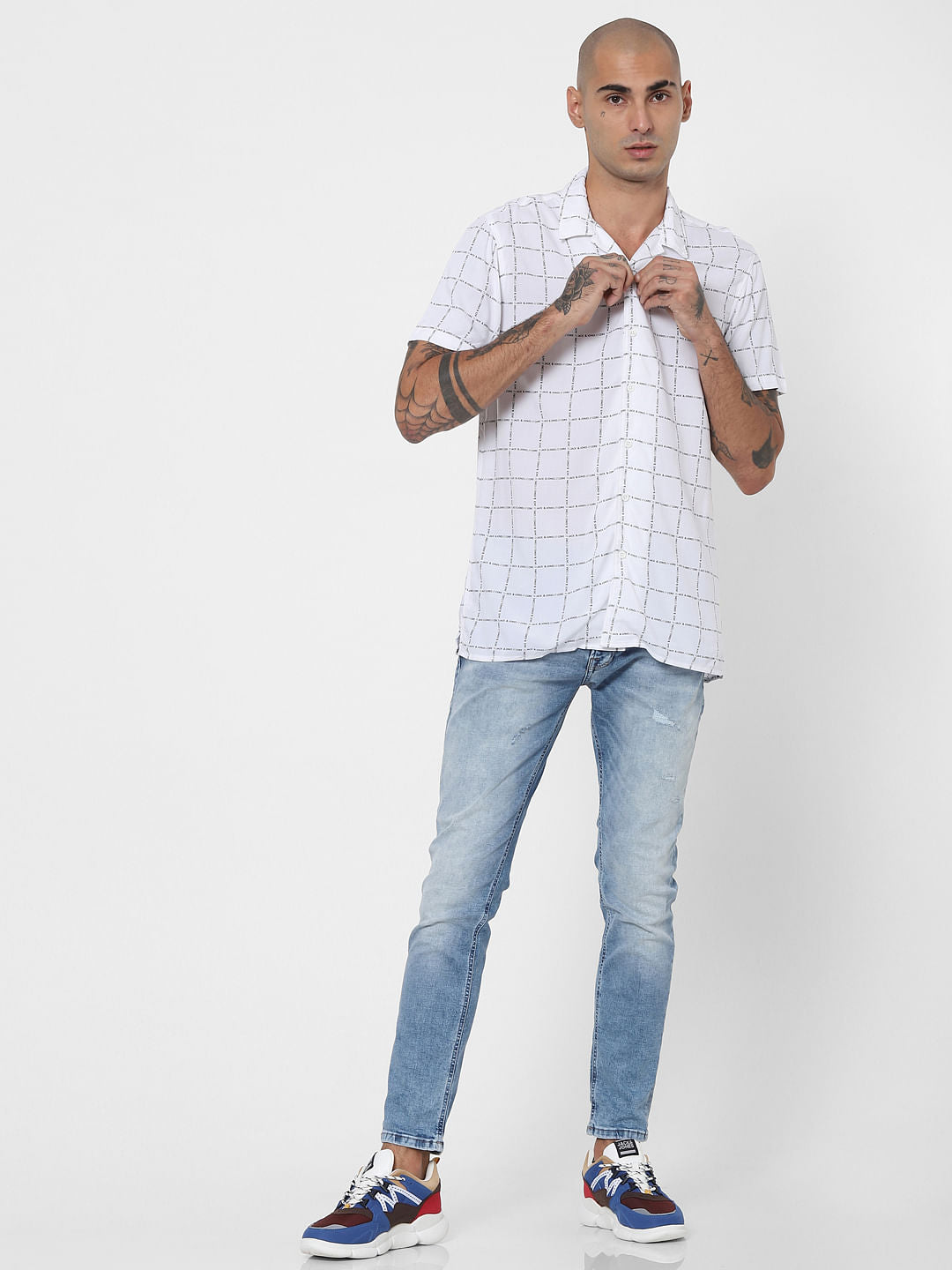 White Logo Grid Print Half Sleeves Shirt