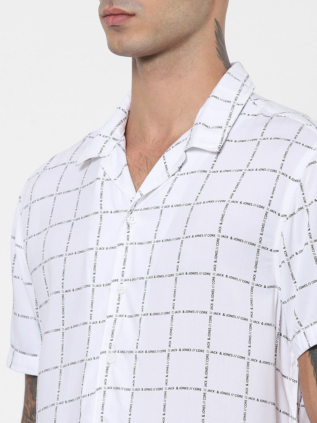 White Logo Grid Print Half Sleeves Shirt