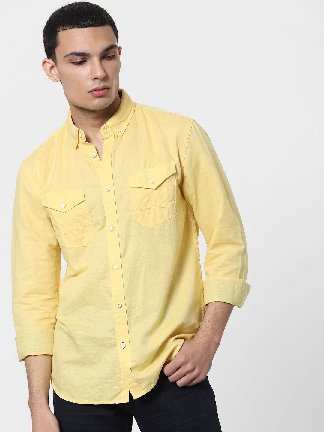 Yellow Full Sleeves Washed Linen Shirt