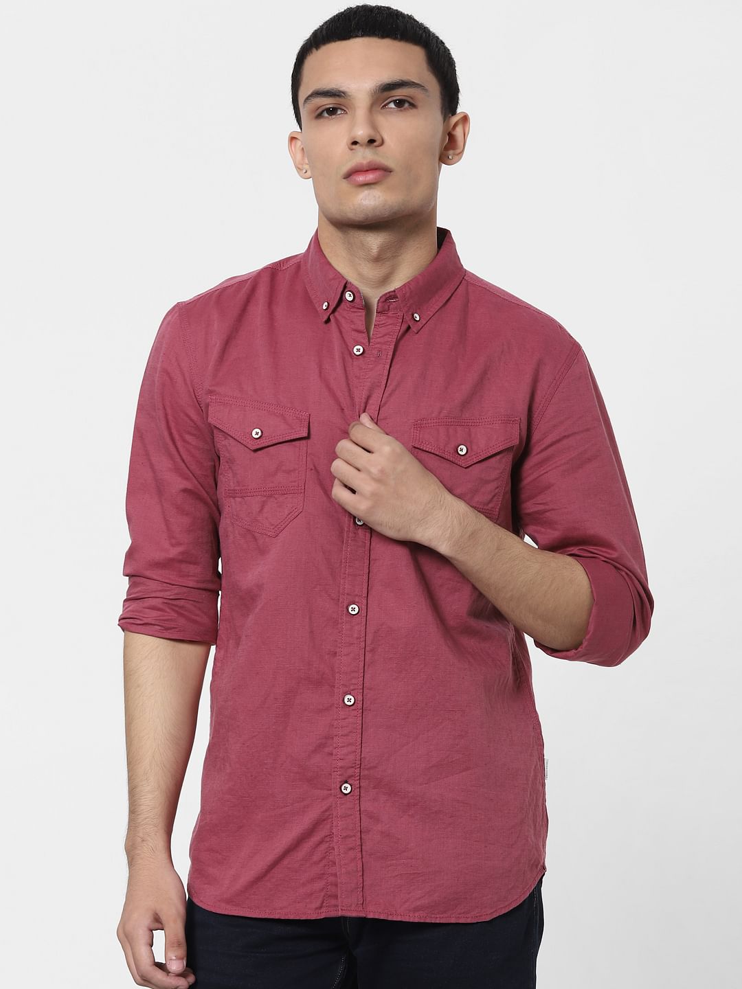 Red Full Sleeves Washed Linen Shirt