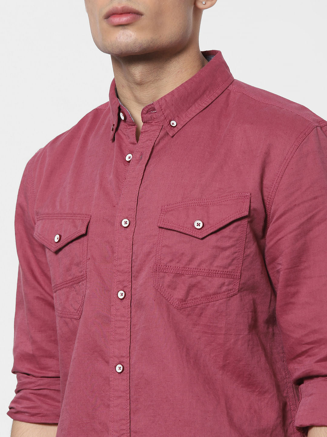 Red Full Sleeves Washed Linen Shirt