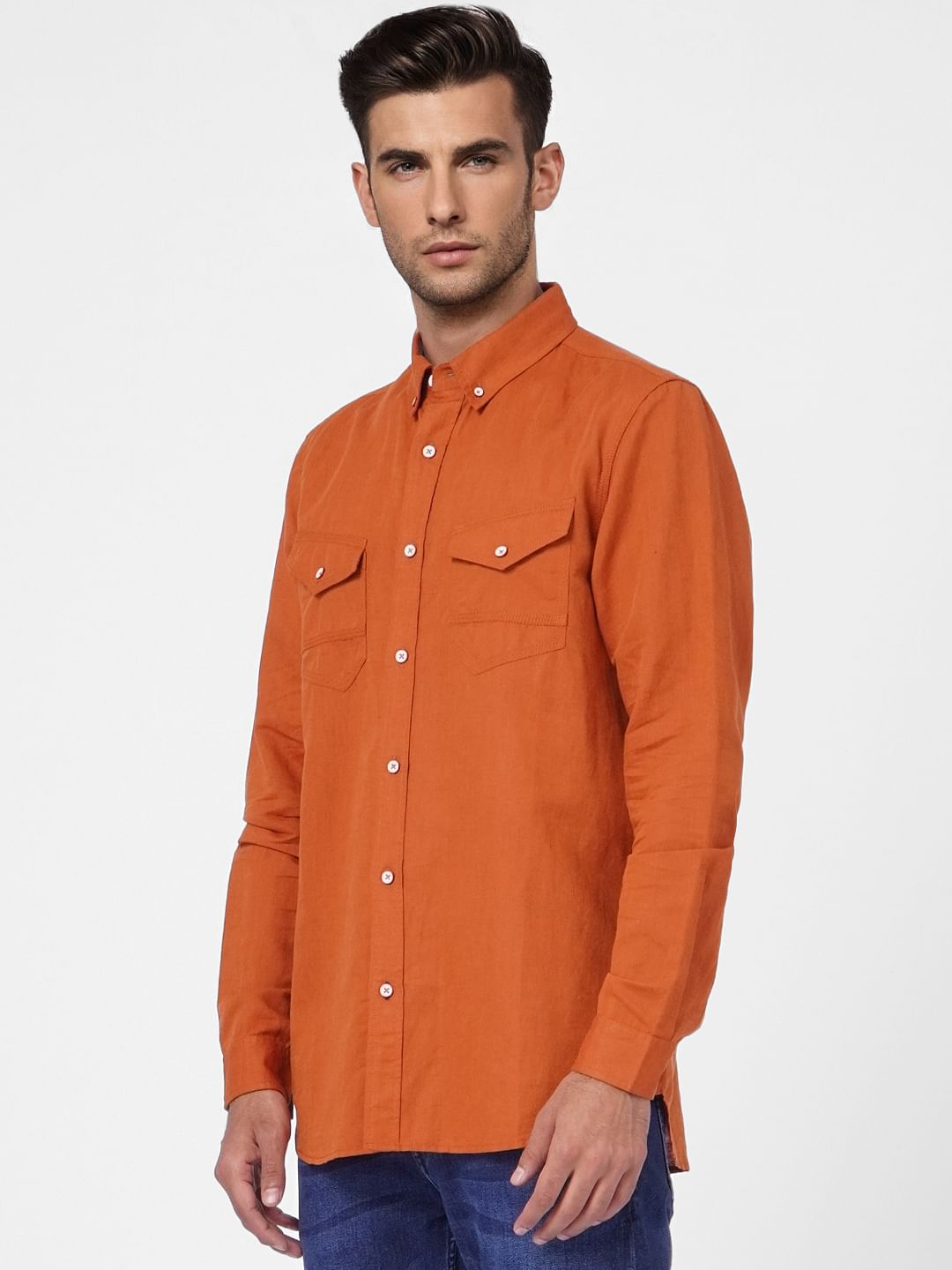 Orange Linen Blend Full Sleeves Shirt