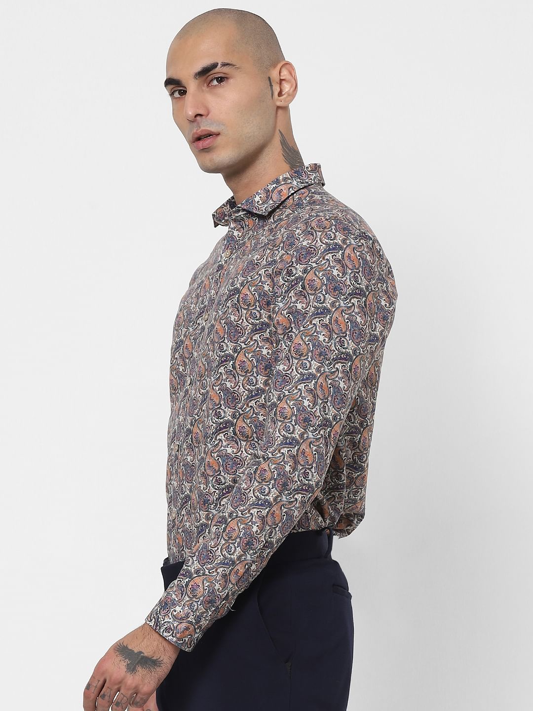Blue Paisley Print Linen Blend Shirt
