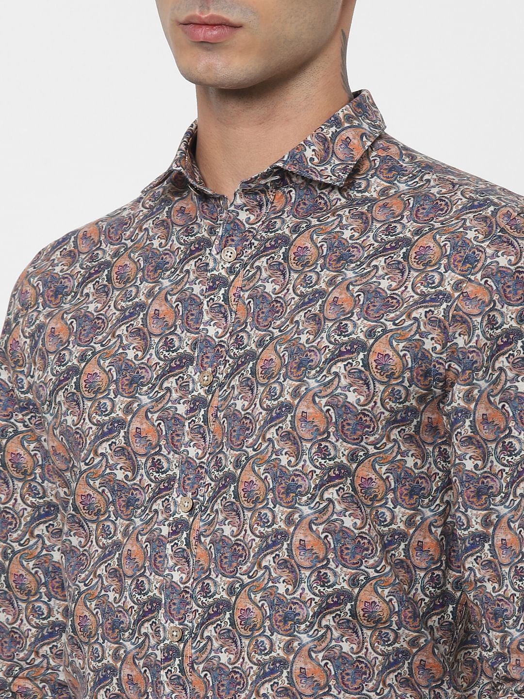 Blue Paisley Print Linen Blend Shirt