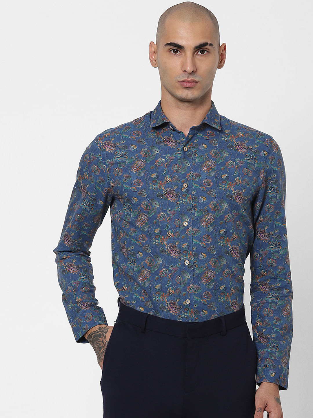Blue Floral Linen Blend Shirt