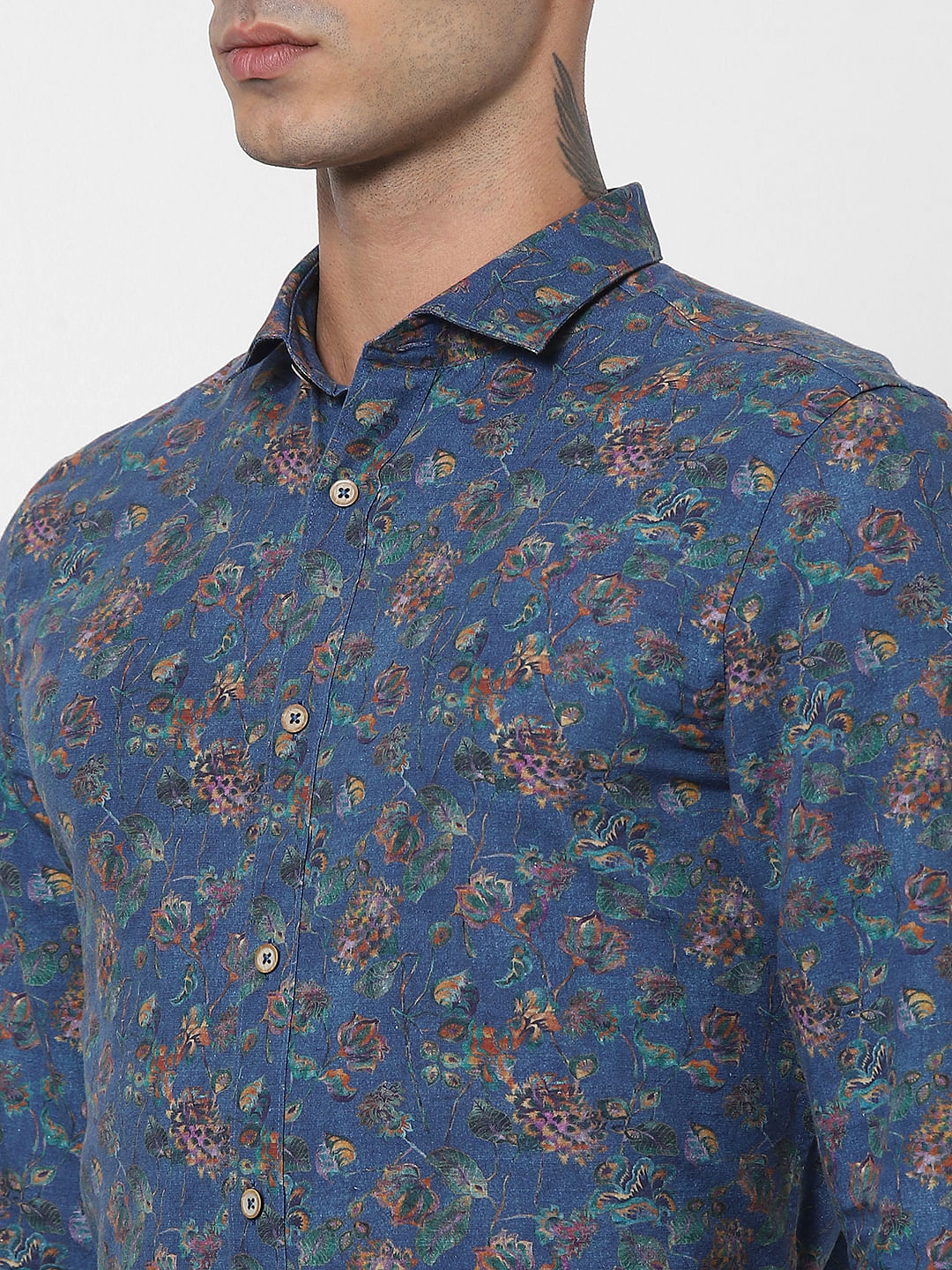 Blue Floral Linen Blend Shirt
