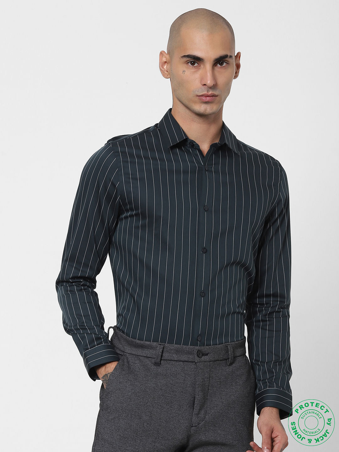 Dark Green Pinstripe Full Sleeves Shirt