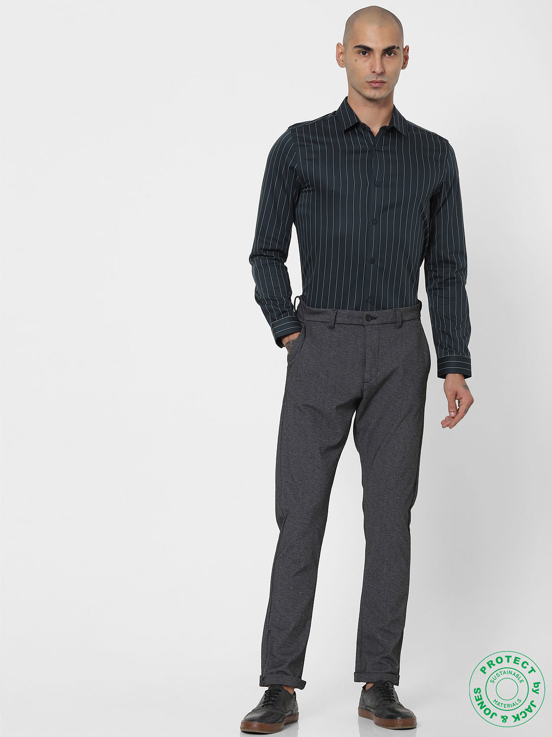 Dark Green Pinstripe Full Sleeves Shirt