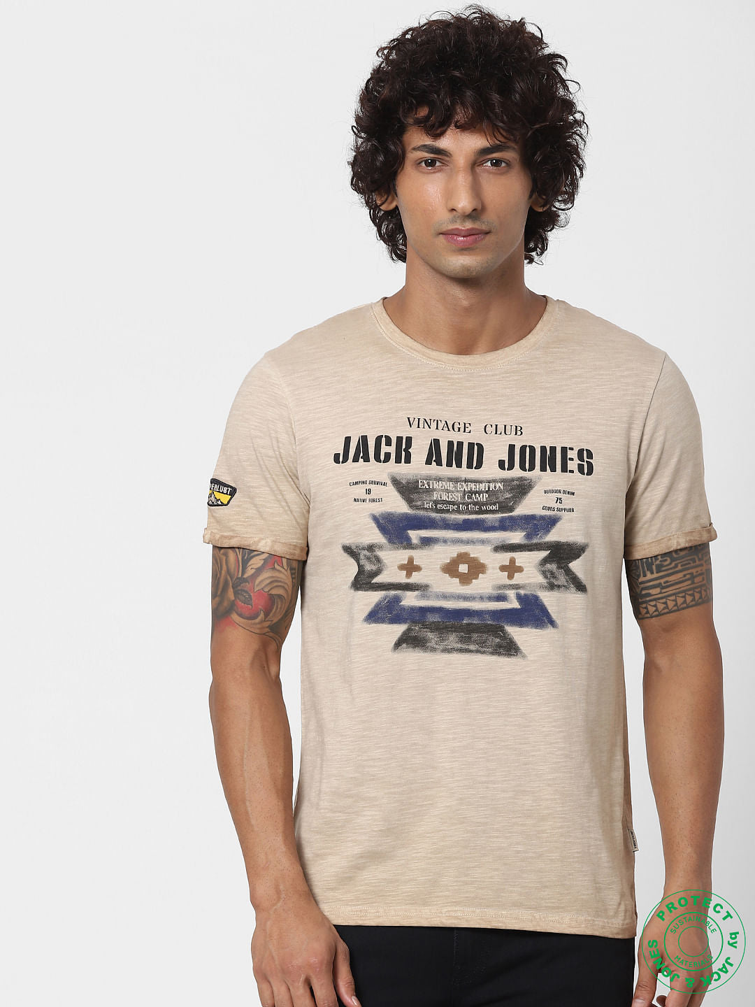 Beige Logo Print Crew Neck T-shirt