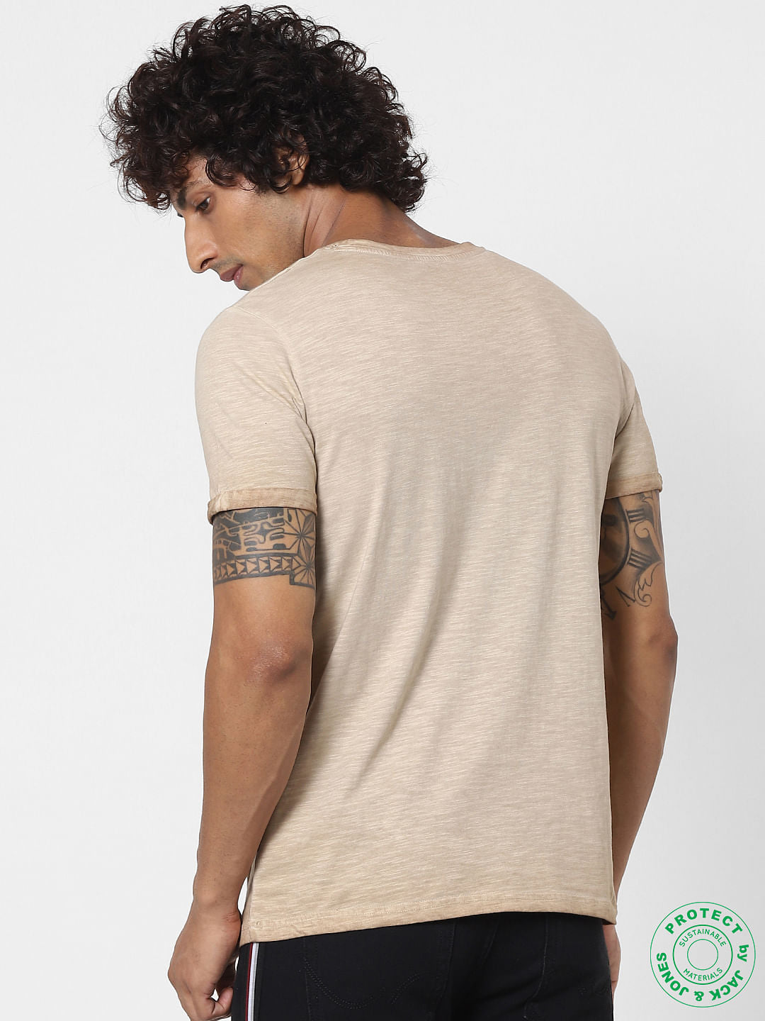 Beige Logo Print Crew Neck T-shirt