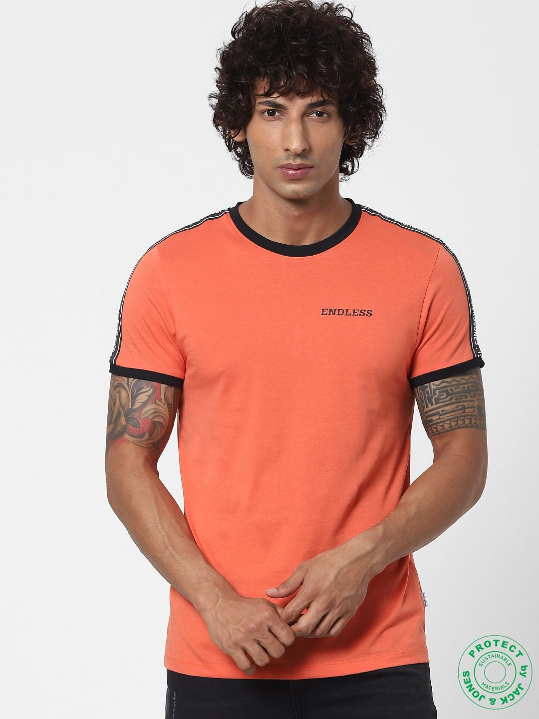 Orange Tape Detail Crew Neck T-shirt