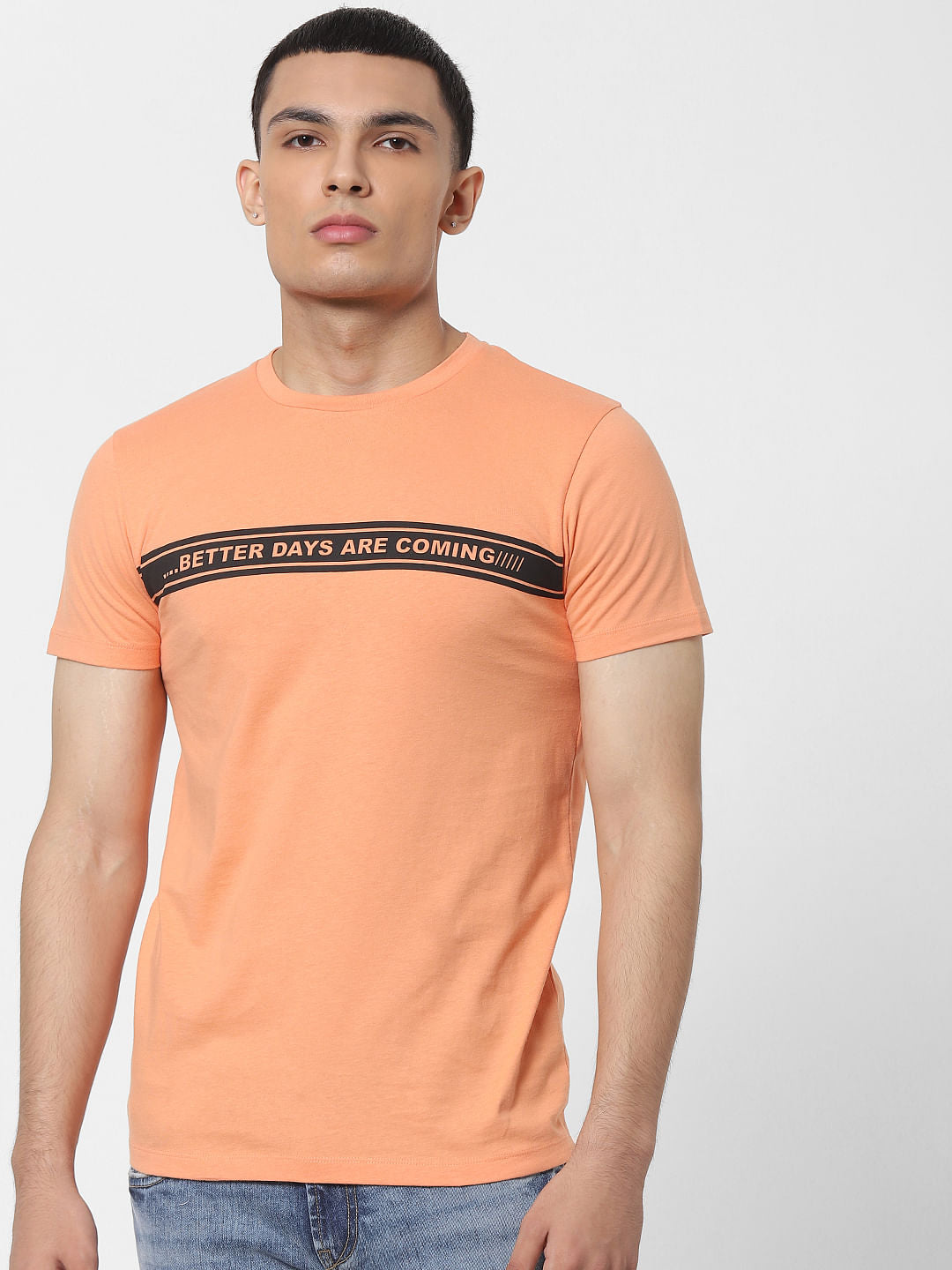 Coral Slogan Print Crew Neck T-shirt