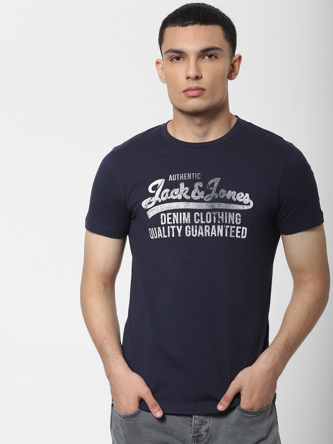 Navy Blue Logo Print Crew Neck T-shirt
