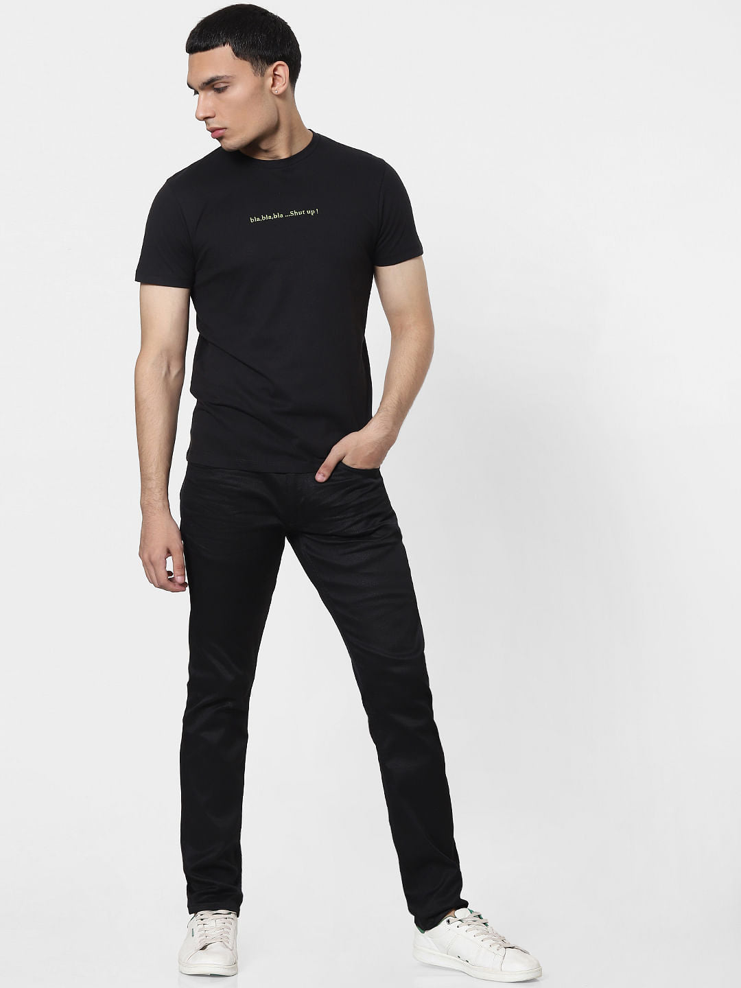 Black Slogan Print Crew Neck T-shirt