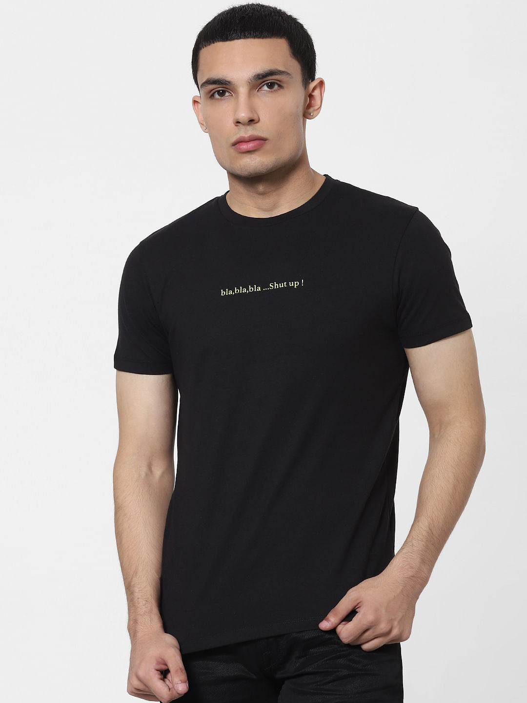 Black Slogan Print Crew Neck T-shirt