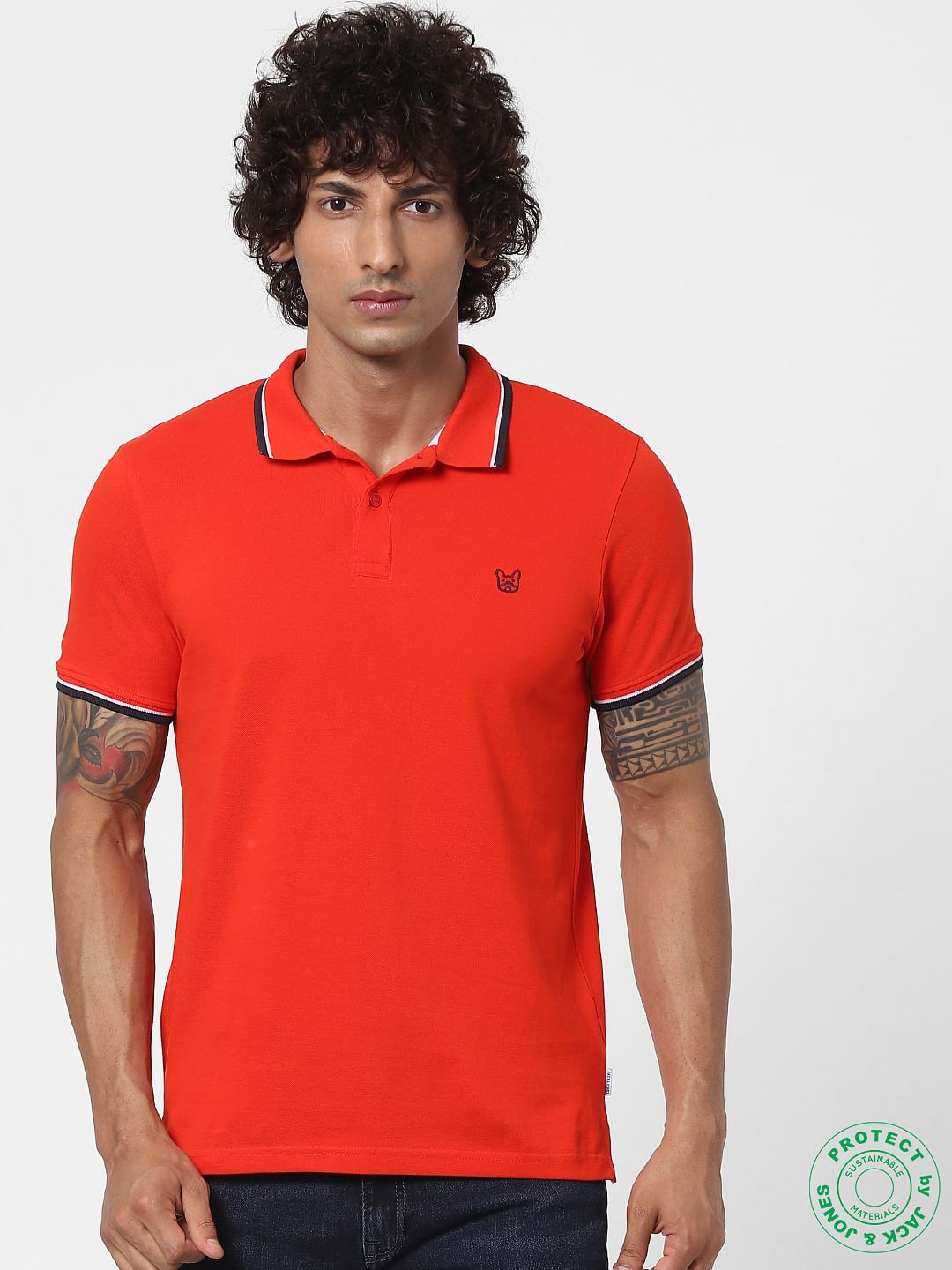 Red Contrast Tipping Polo Neck T-shirt