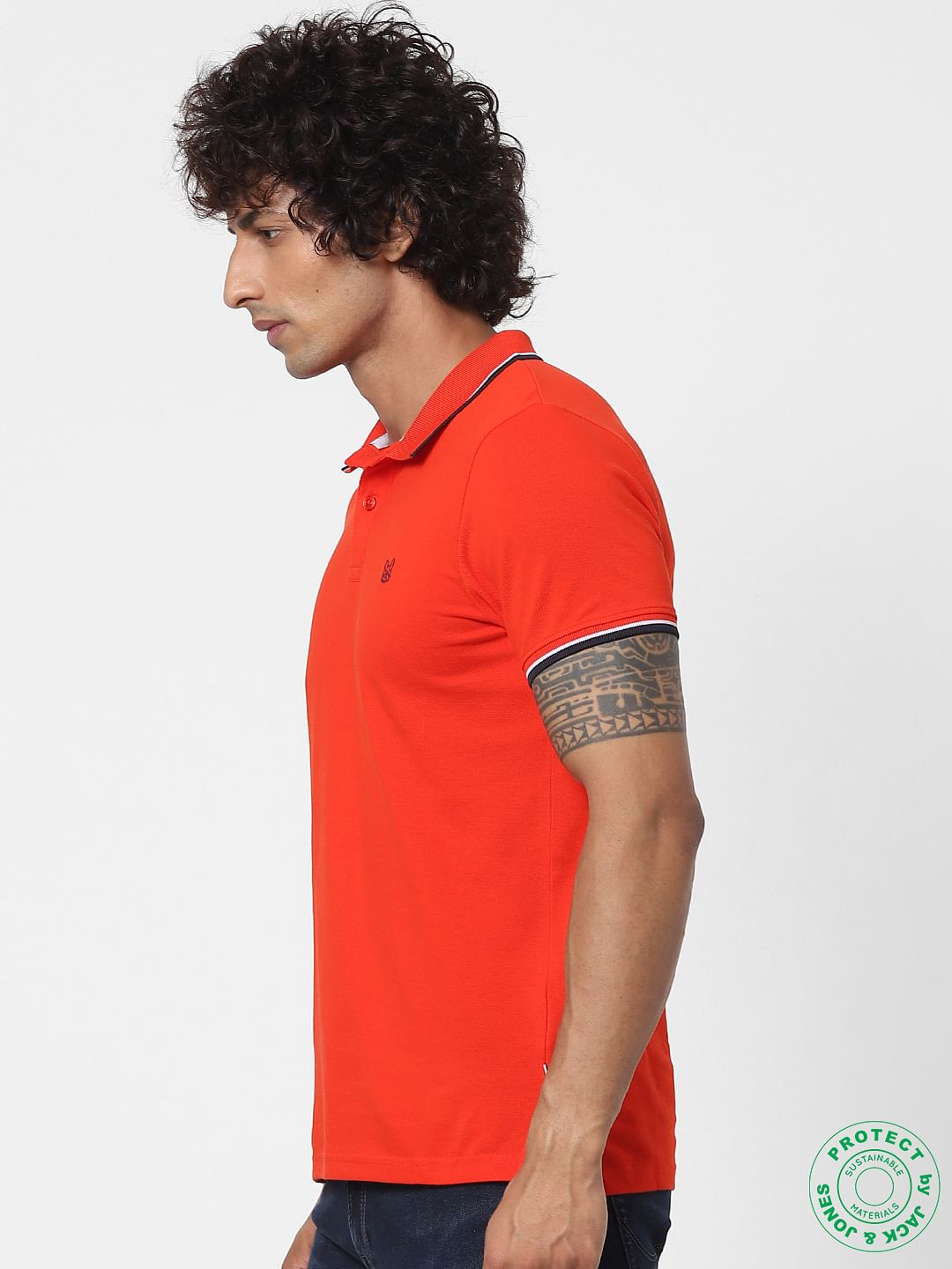Red Contrast Tipping Polo Neck T-shirt