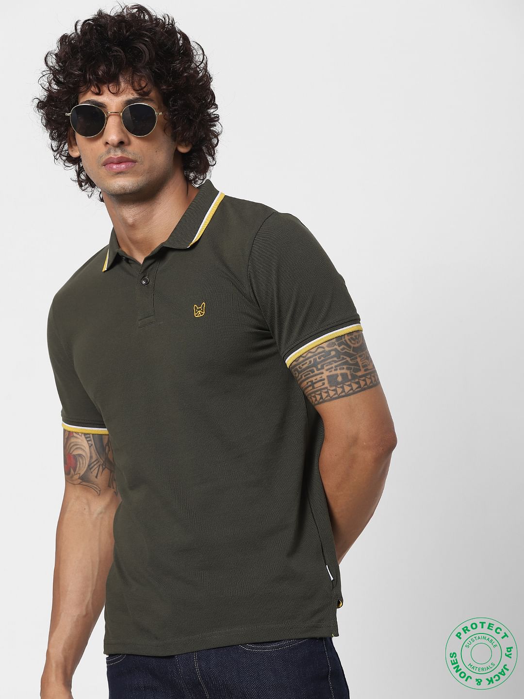 Green Contrast Tipping Polo Neck T-shirt