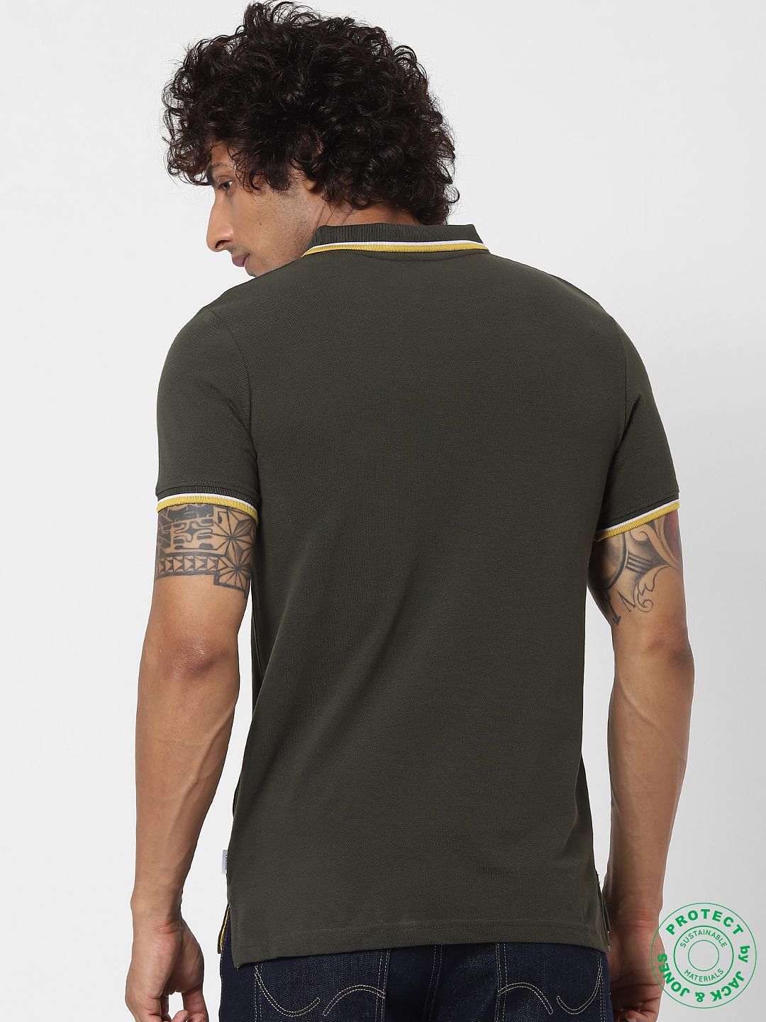 Green Contrast Tipping Polo Neck T-shirt