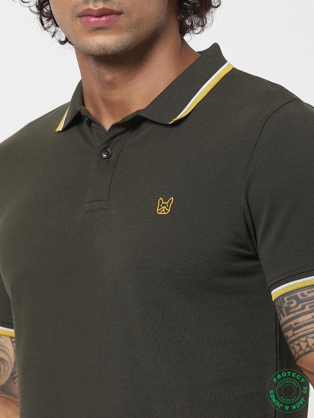 Green Contrast Tipping Polo Neck T-shirt