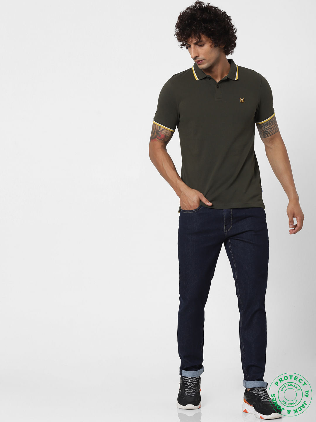 Green Contrast Tipping Polo Neck T-shirt